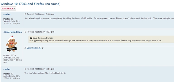 Windows 10 build 17063導致火狐瀏覽器失聲 Windows 10 build 17063導致火狐瀏覽器失聲
